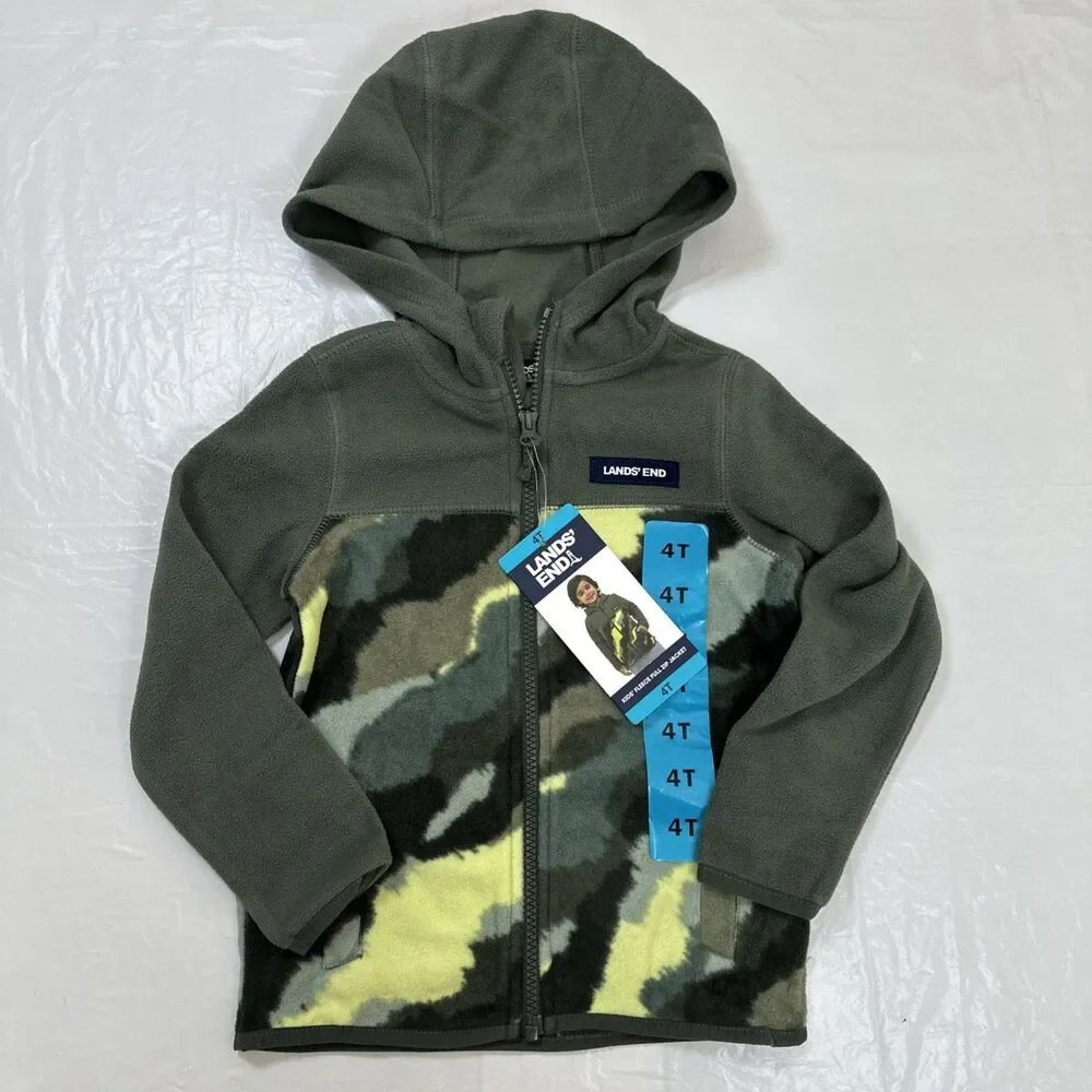 Lands End Green Camo Full Zip Fleece Jacket Boy's Size 4  NWT